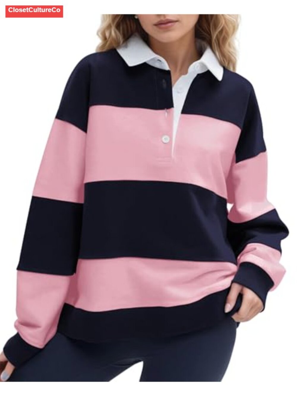 Oversized Striped Polo Sweatshirt Color Block Collared Pullover Long Sleeve